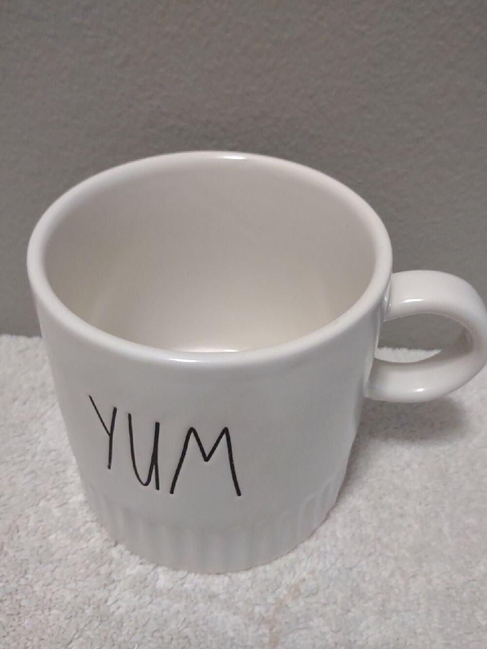 Rae Dunn Artisan Collection Farmhouse white pleated bottom "Yum" coffee mug cup